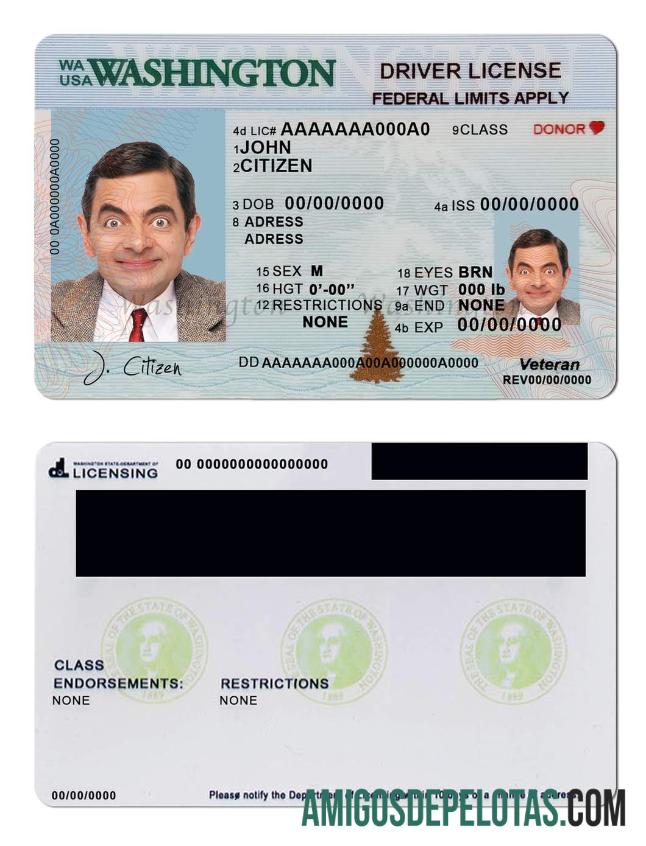 Carteira de motorista dos EUA em Washington (2018 - presente) exemplo